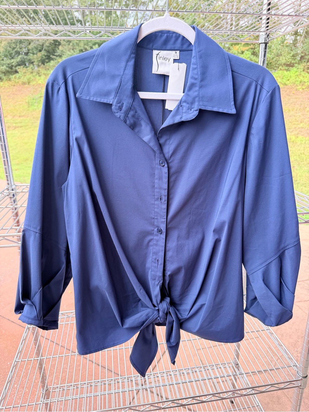 Finley Navy Button-Front Tie-Waist Shirt